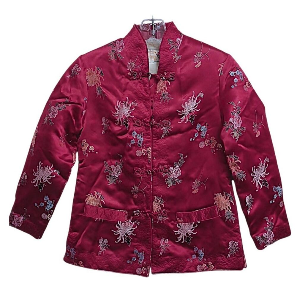 Asian Silk Kimono Fur Fleece Lined Jacket Sz XS Red Oriental Floral Emnbroidered